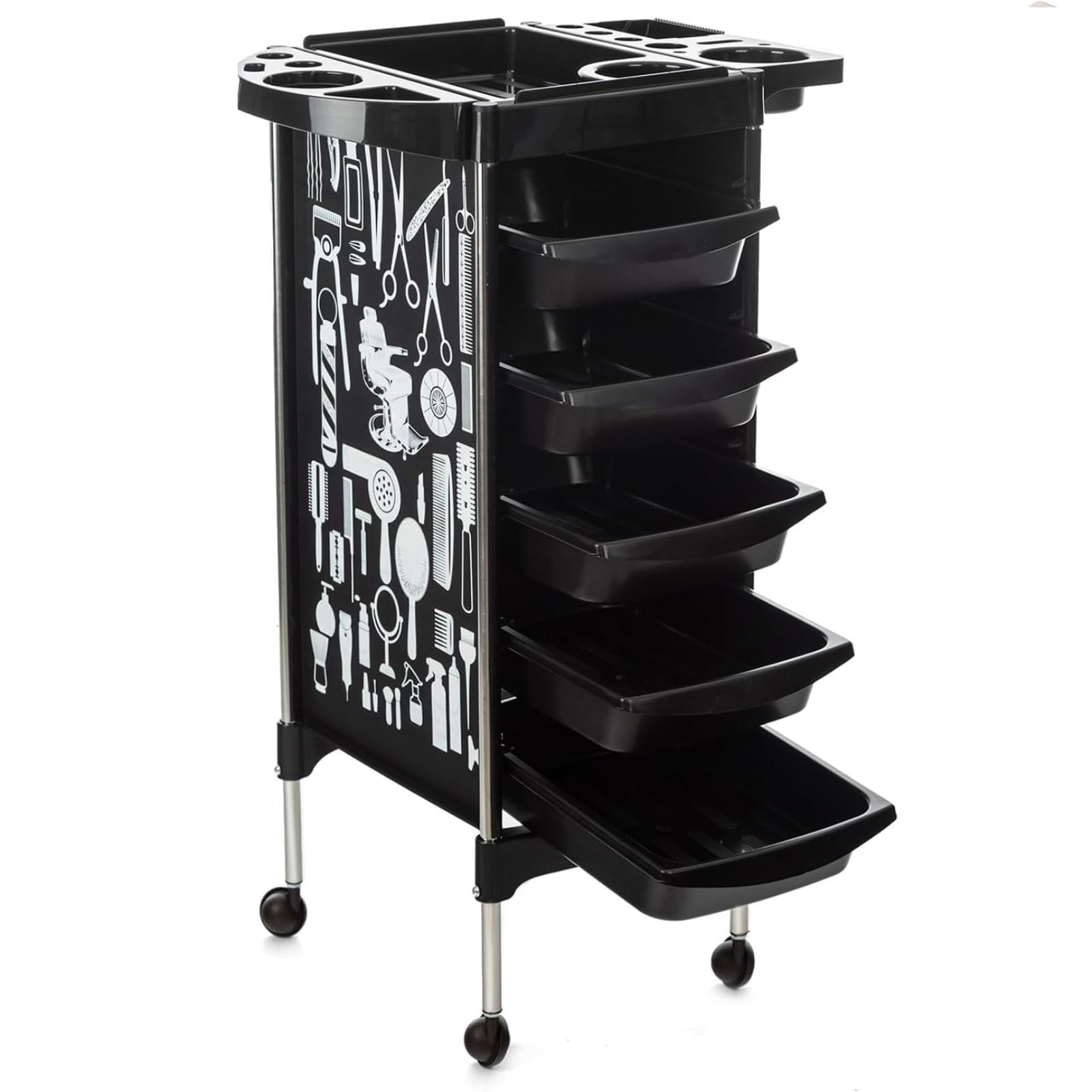 Carrello per estetista con ruote Carrello per salone con 5 cassetti Nero con motivo Carrello per parrucchieri, bellezza, tatuaggi