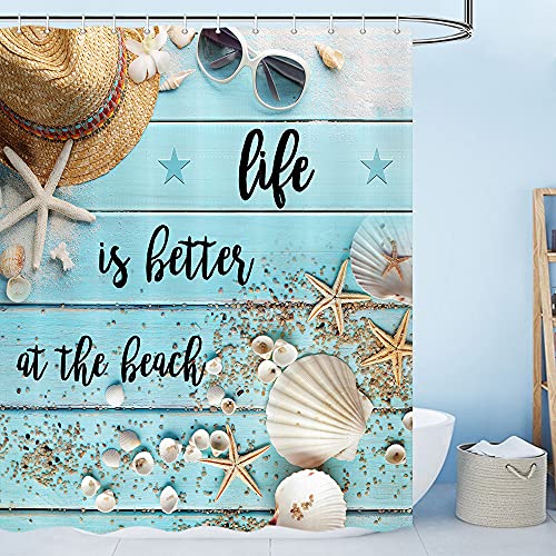 Jawo Rustic Wood Shower Curtain, Life Is Better At The Beach On Blue Teal Wooden Seashell Starfish Coastal Shower Curtain Set, Country Farmhouse Polyester Fabric Bathroom Curtain, 69X70Inches #TOP4