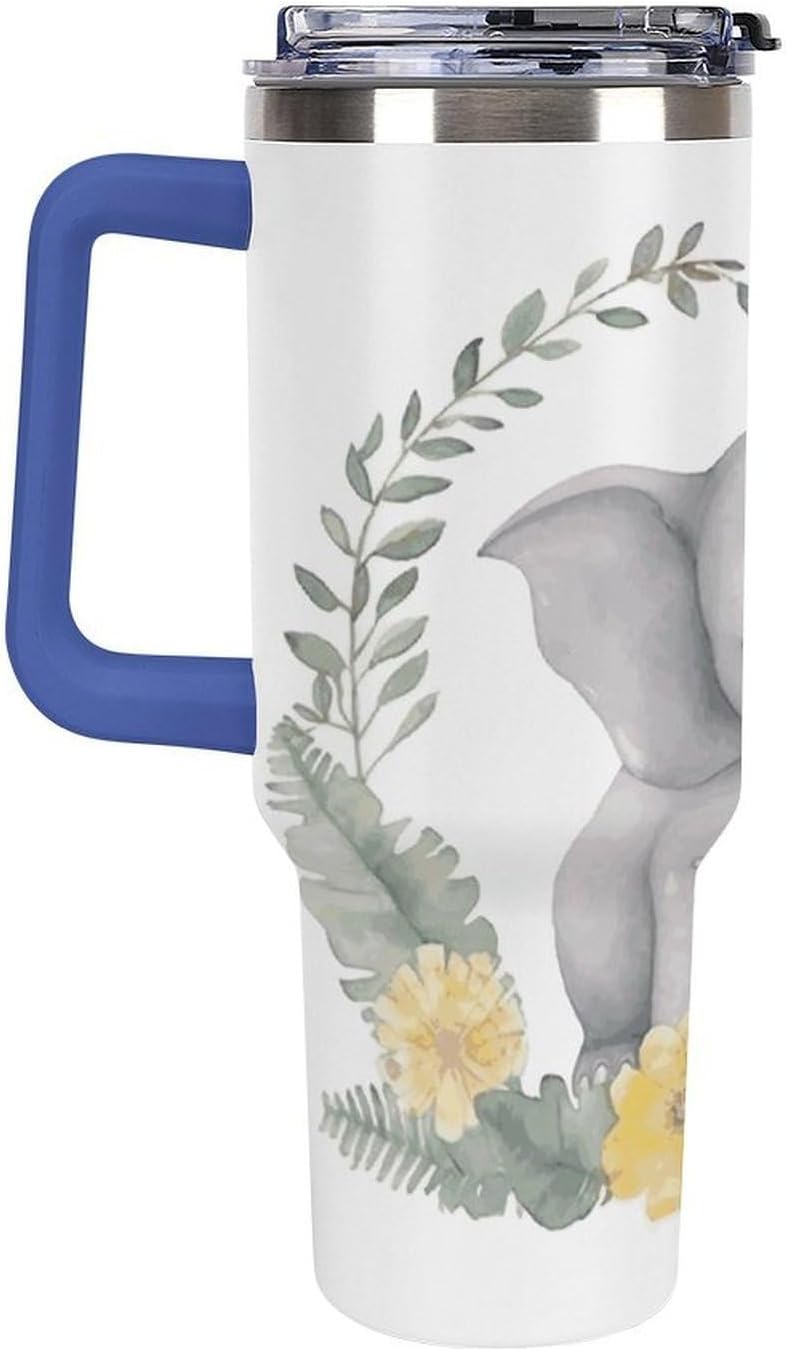 40 Oz Insulated Mug with Handle, Stainless Steel Cute Elephant with Wreath And Little Duck Printed Travel Mug Portable Leak-proof Large Car Mug for Home, Office Or Car
