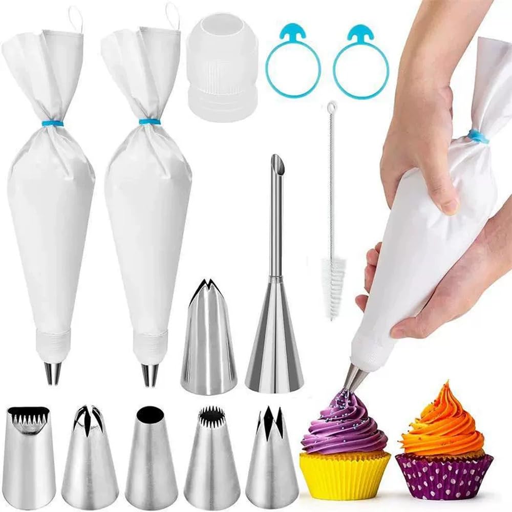 Reusable Piping Bags and Tips Set with Coupler, Stainless Steel Nozzles, 16inch Pastry Bags for Cake Decorating, Cupcakes, Cookies, 14-Piece Baking Kit for Home Bakers
