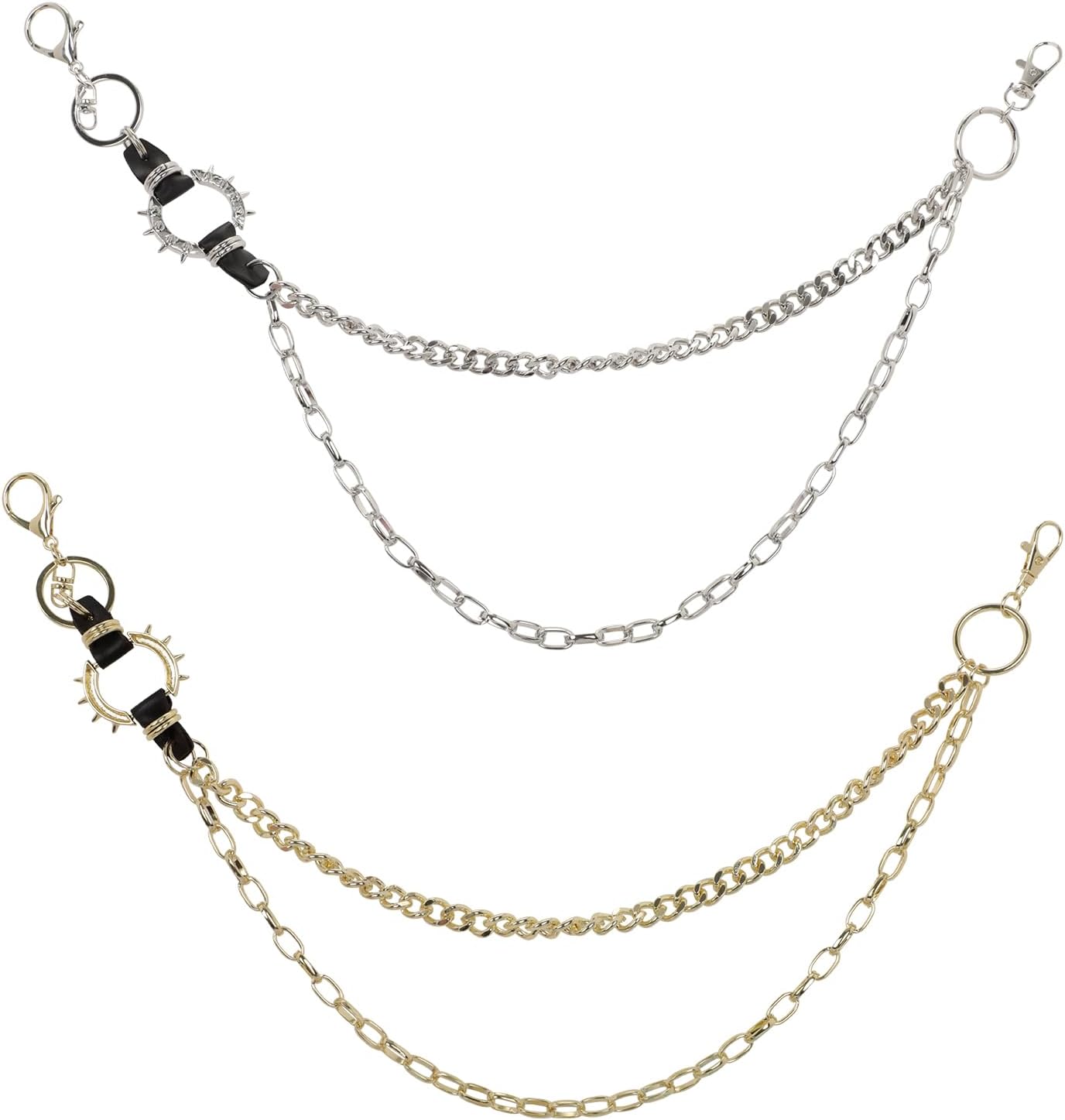 Gold or Silver Punk Double Layer Wallet Chain - Heavy Metal Key Chain for Pants, Jeans & Hip Hop Style, Unisex Accessory for Women Men