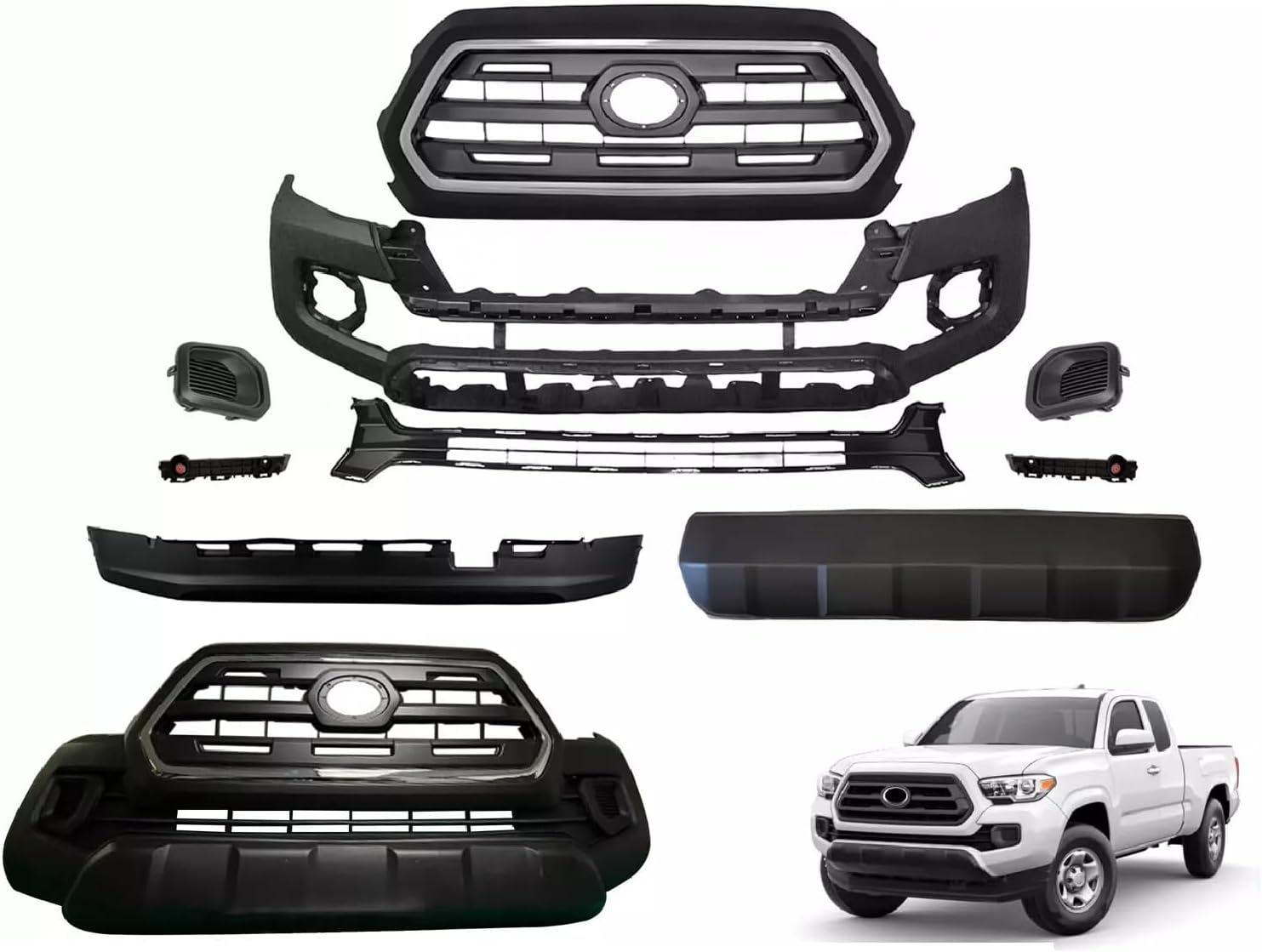 Front Bumper Cover Grille Kit Fits 2016 2017 2018 2019 2020 2021 2022 2023 Toyota Tacoma Base Limited SR5 SR TRD W/Upper Grille Lower Grill & Fog Lights, W/Parking Assist Sensor Hole - Body Kit