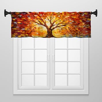 Window Treatment Tiers Solid Short Curtain for Small Window Bedroom 52 x 18 Inches, Autumn Tree with Golden and Red Leaves Bright Colors Window Treatments Valance for Living Room, 1 Panel