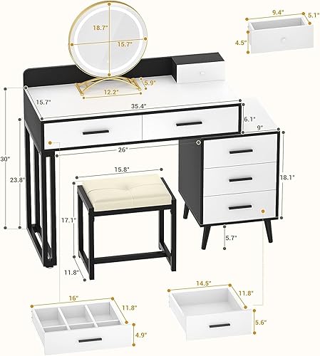 Miniatura 7 de Aheaplus Escritorio con espejo de maquillaje con luces, pequeño escritorio de tocador con cajones, juego de tocador con taburete para dormitorio, 3