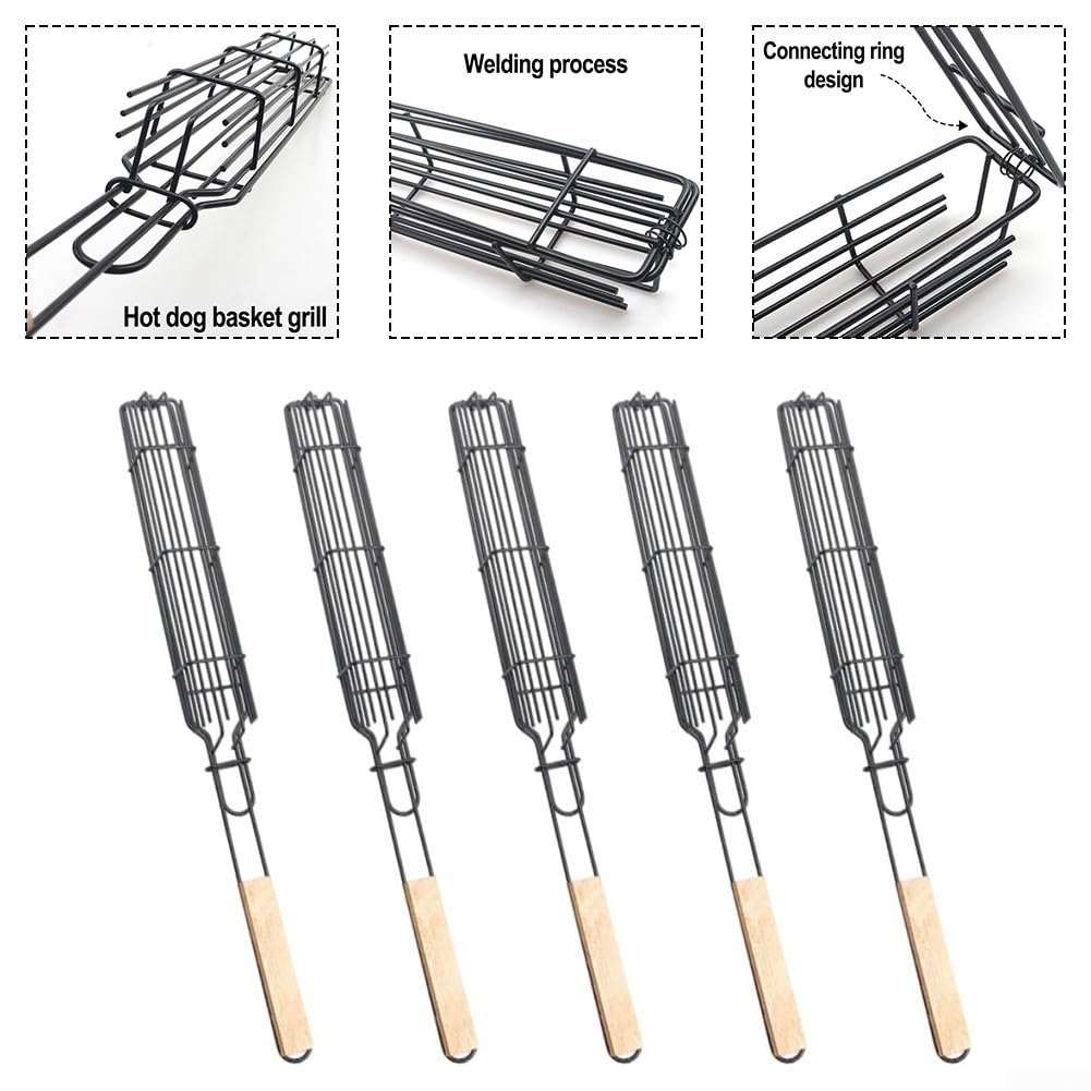 Lot de 5 paniers de barbecue avec poignées en bois, cages en maille robuste pour saucisses, viande et légumes