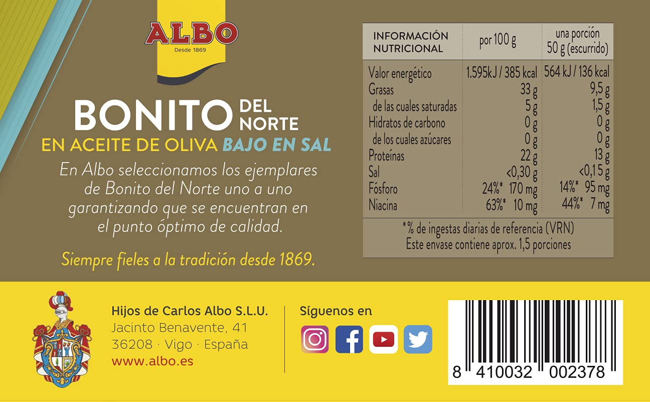Albo Bonito Del Norte en Aceite de Oliva Bajo en Sal, 82g