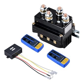 AMOPA 12V 500A Recovery Winch Solenoid HD Contactor Relay and Twin Wireless Remote Control for 8000lbs 12000lbs Rope Line Cable, Black Relay + Black Receiver +Blue Remote1 A05-179+A05-219-AMP-1-BE