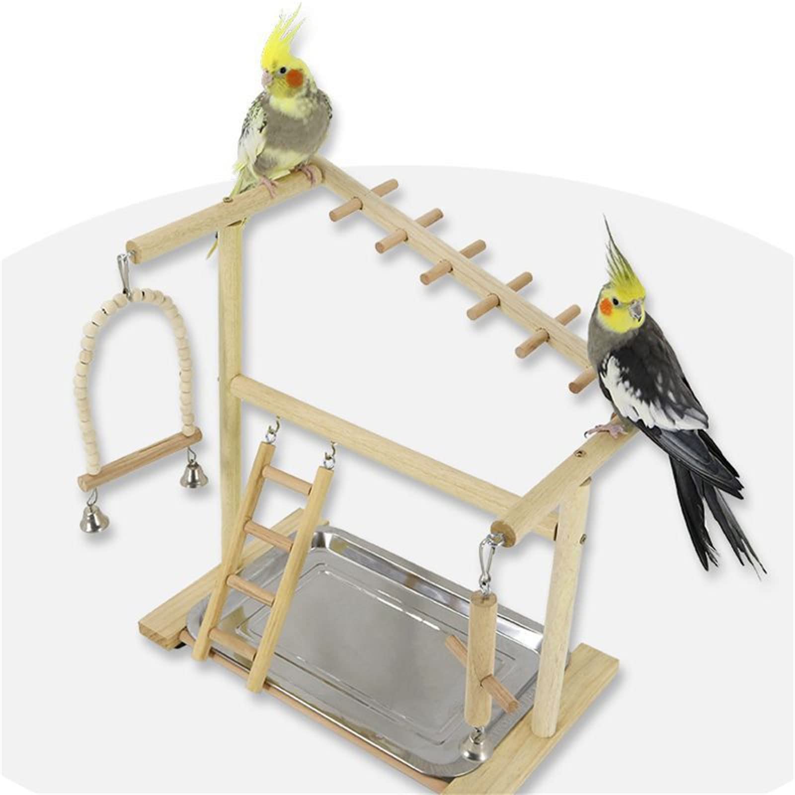Vogel Sitzstangenständer, Papageien Spielständer mit Edelstahl Tablett, Futterbecher, Leiter, Schaukel, Holz Kauspielzeug für kleine Vögel, Vogelspielplatz, Naturholz Sitzstangenständer mit Schüsseln,