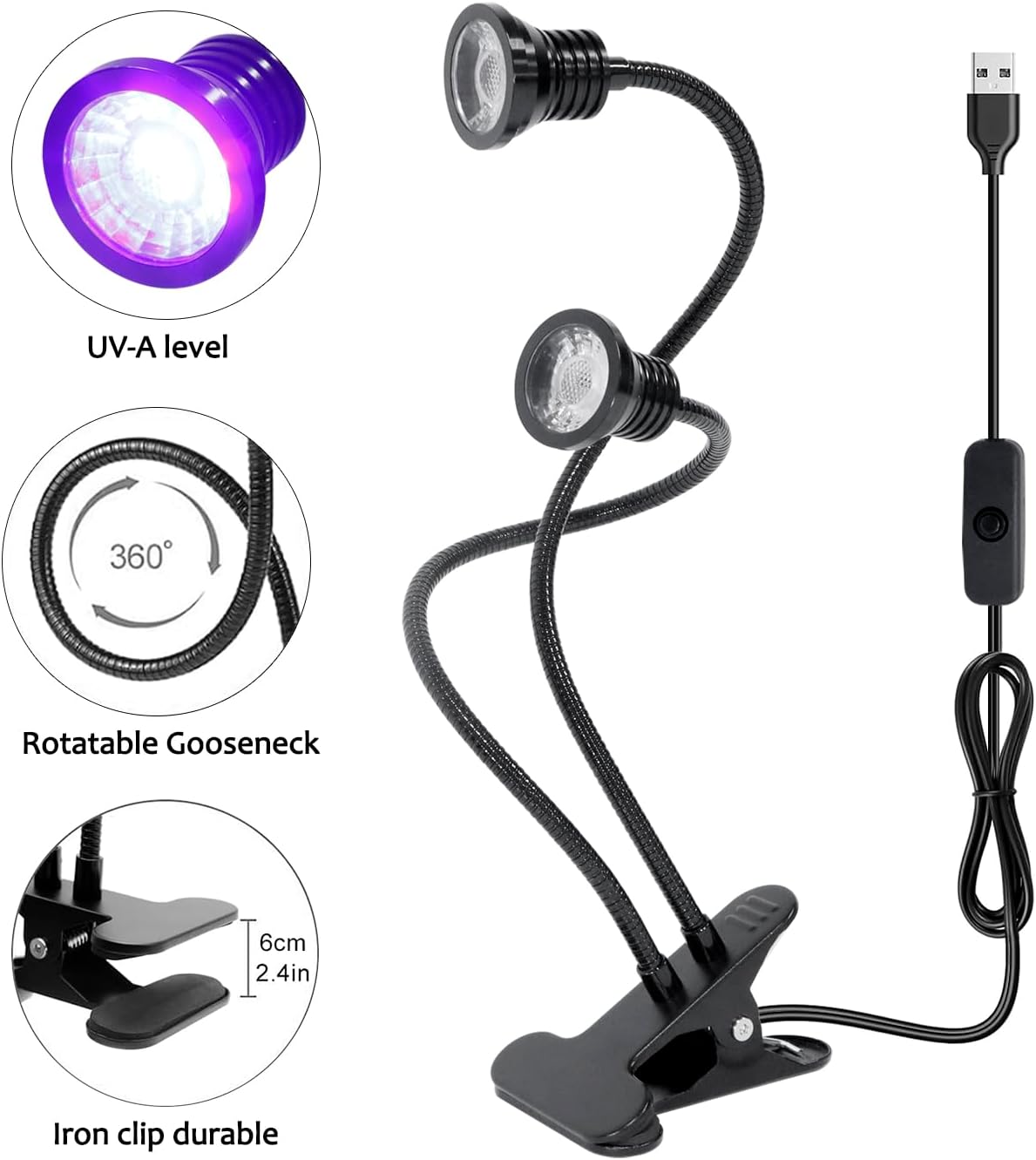 YXO YUXINOU Upgraded 20w 395nm UV LED Black Fixture with Gooseneck and Clamp for UV Gel Nail UV Curing, Portable Dual Head UV Black Light 5V USB Input (365NM+395NM)