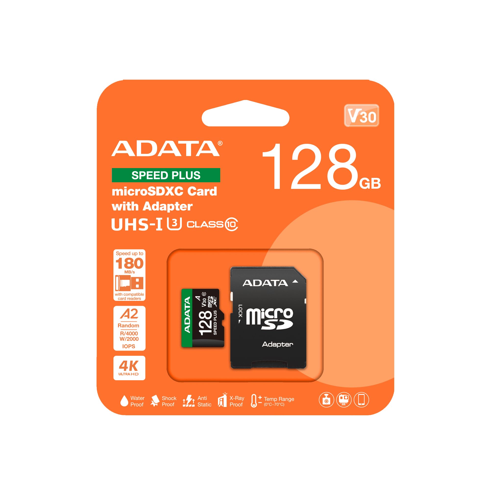 ADATA 128 Go Carte mémoire Speed Plus MicroSDXC UHS-I U3 Classe 10 avec Adaptateur, Couleur Noire et Verte