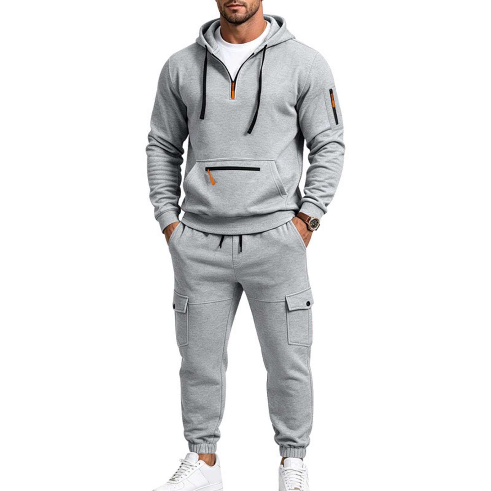 Tuta da uomo con cappuccio e pantaloni della tuta cargo con mezza zip