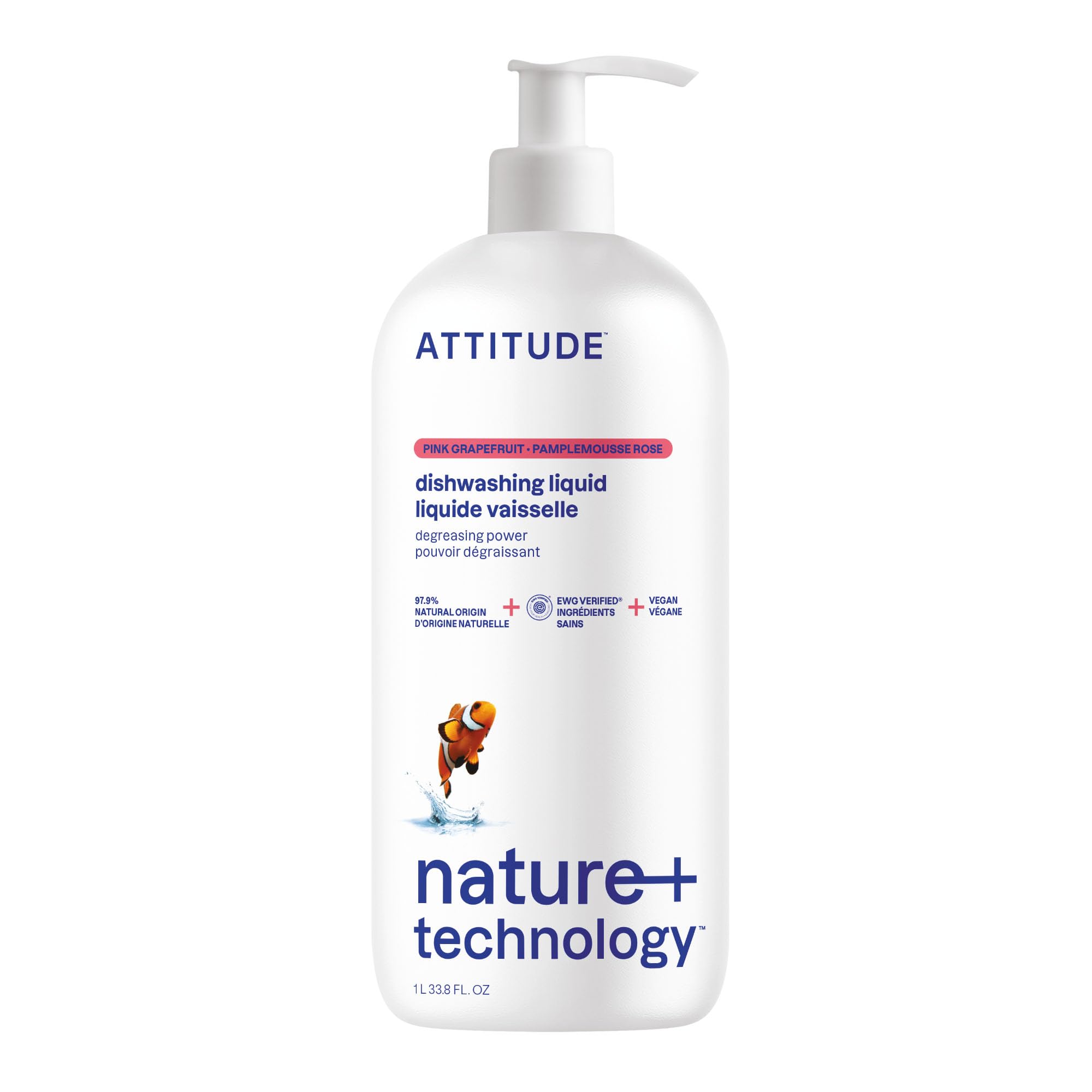 ATTITUDE Washing Up Liquid, EWG Verified, Plant-Based & Vegan Dish Soap, Naturally Derived, Pink Grapefruit Scent, 1 Liter