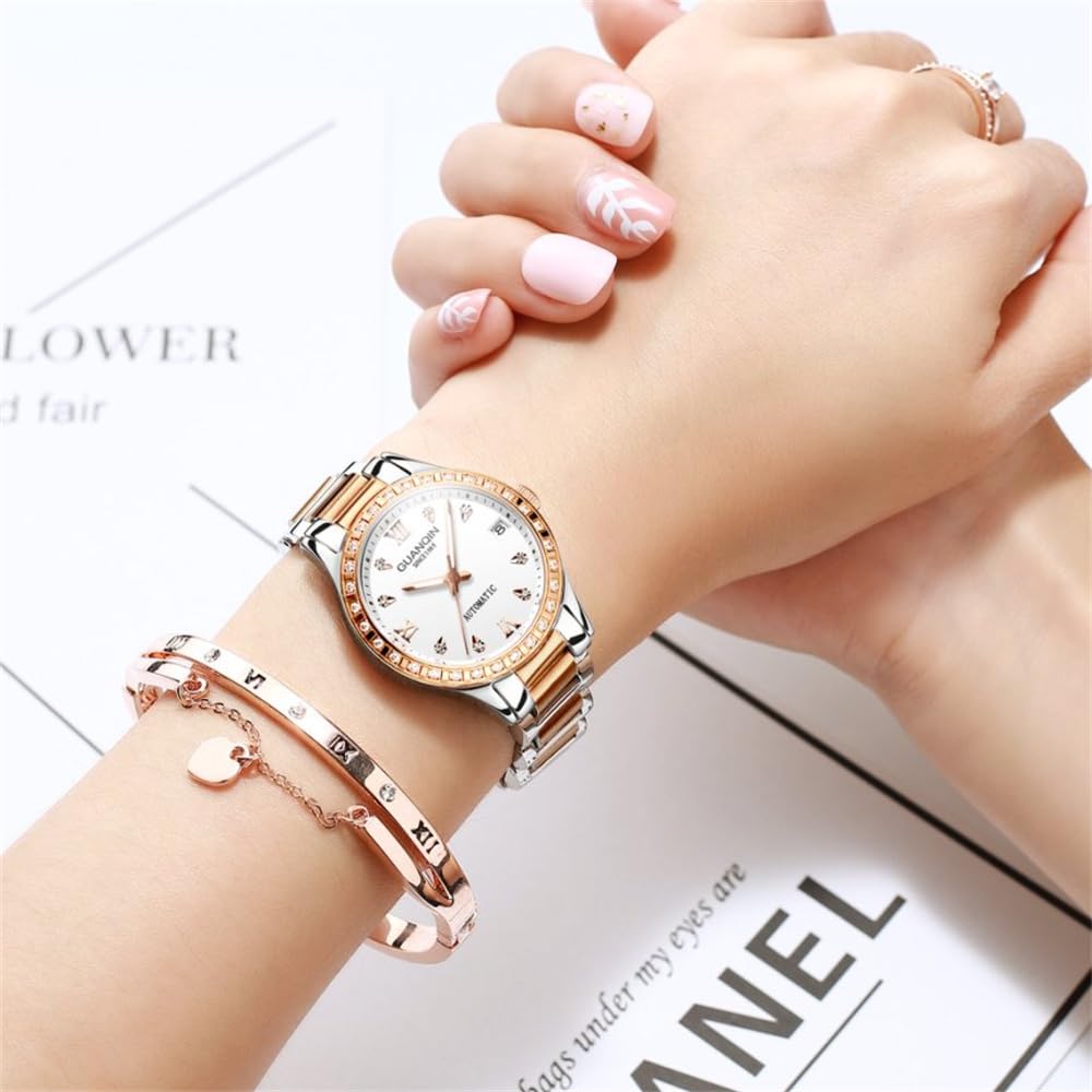 Guanqin Vintage Frauen Kalender Leuchtend Automatisch Selbstaufzug Mechanische Armbanduhr Saphir Kristall Strass Business Wasserdicht Uhr Lady Stilvolle Edelstahl Armbanduhr