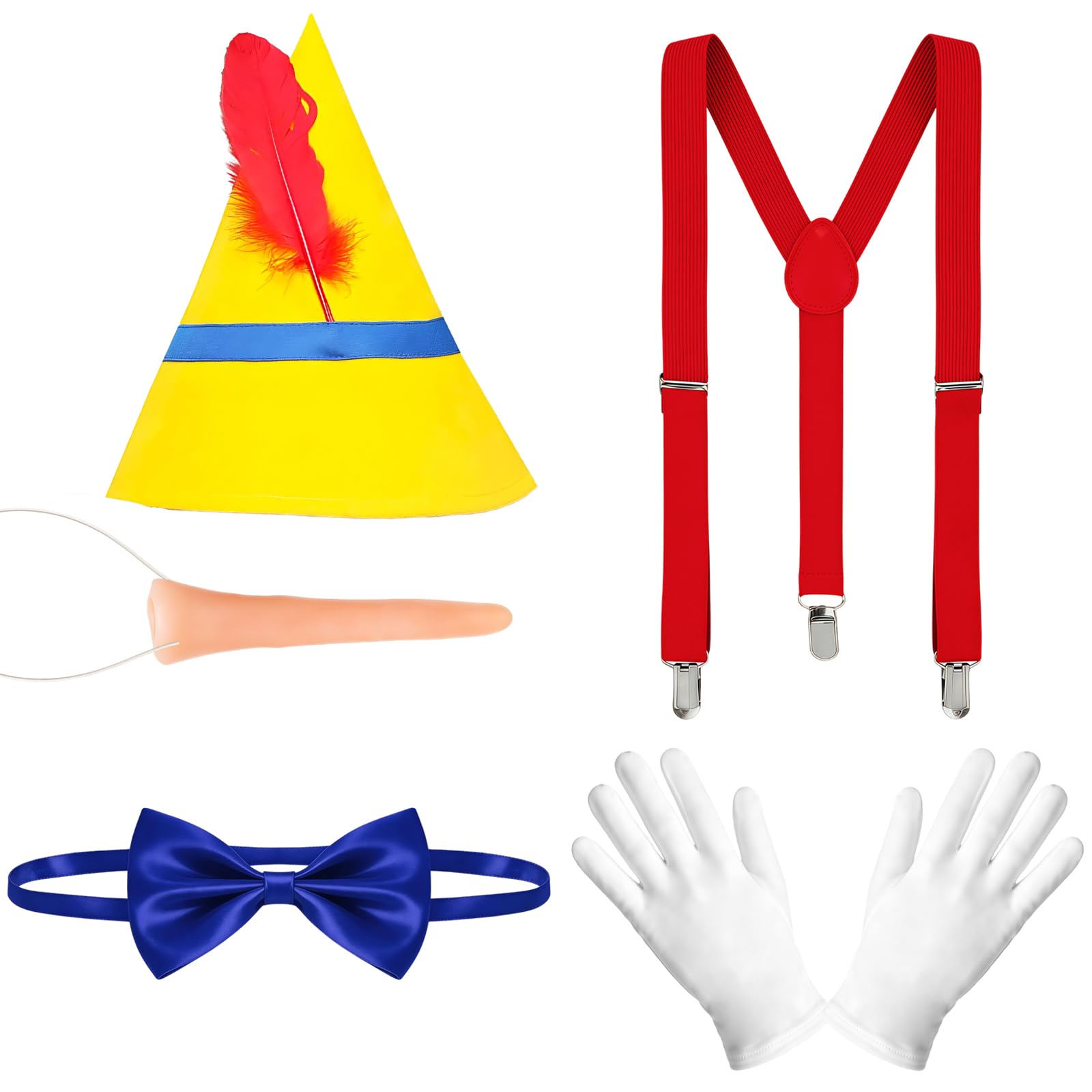 Lezevn 5 Pieces Pinocchio Fancy Dress Long Nose Yellow Hat Blue Bowtie White Gloves Red Suspender Storybook Fairytale Costumes for Halloween Cosplay
