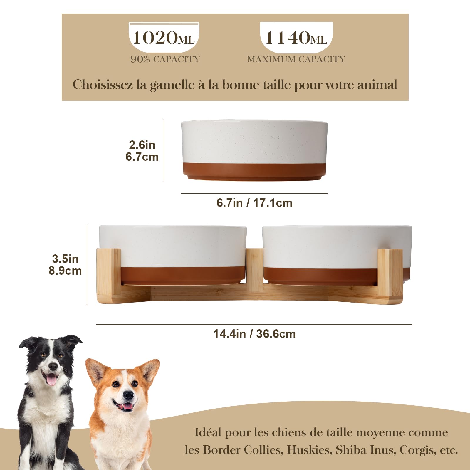 Ensemble de gamelles en céramique pour chien MALACASA avec support en bois, gamelles pour animaux de 3,5 tasses pour chiens de taille moyenne avec base antidérapante, grands chiots, chats, retrievers