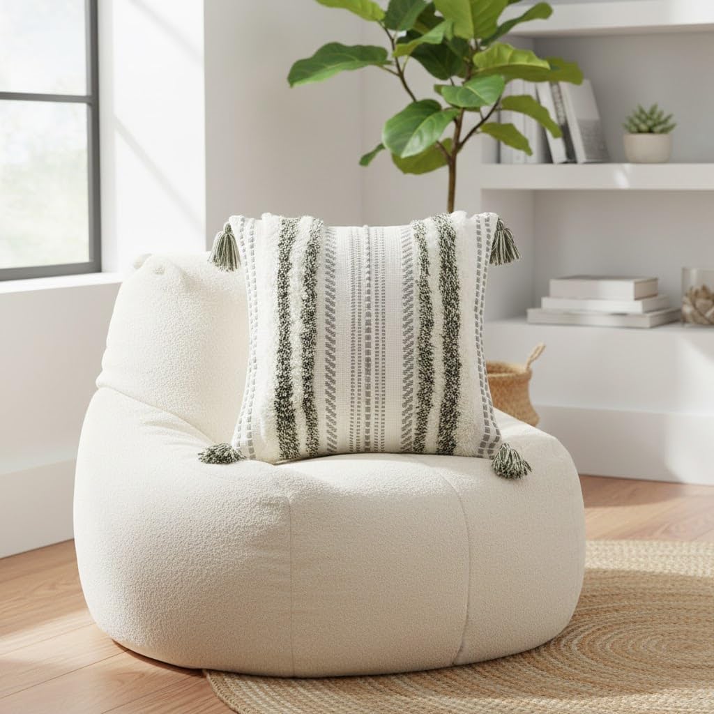 decorUhome Summer Decorative Boho Throw Pillow Cover 18x18, Accent Neutral Textured Tufted Pillow Cover Striped for Couch Bed Sofa, Green and Cream White, Pack of 1