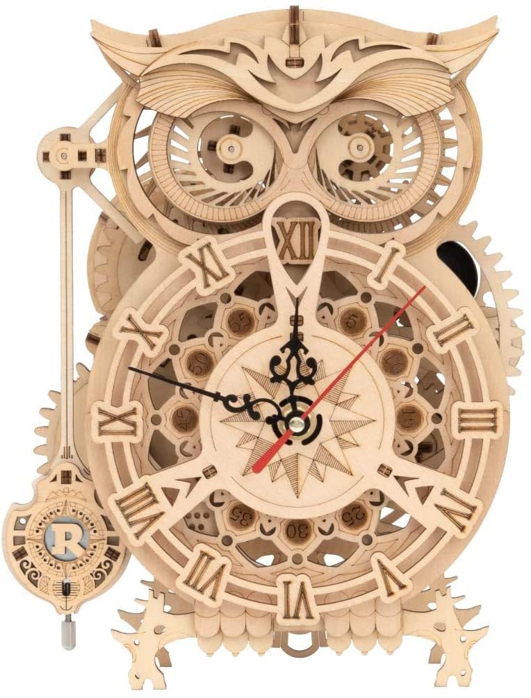 Robotime 3D Puzzle Holzbausatz Owl Clock Eulenuhr mit Beleuchtung, 161 Teile, Größe: 20,6 x 12,8 x 26,5 cm, LK503