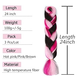 AFNOTE Rainbow Braid in Hair Extensions 24 inch 3 Packs Synthetic High Temperature Jumbo Braiding Hair Profession Crochet Colored Hair Extensions for Braiding(Hot Pink/Pink/Brown)