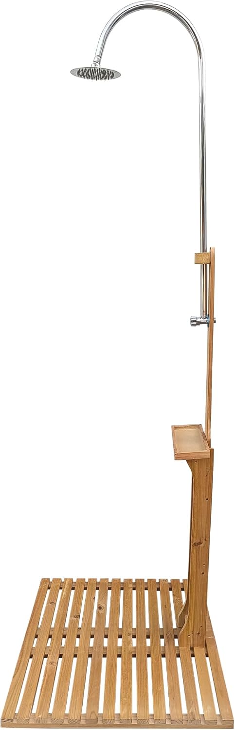 Outdoor Shower, Garden Pool Portable Shower with Chassis Board, Solid Wood Weather Resistant, Adjustable Water Pressure, Storage Shelf, Freestanding Showers for Poolside, Patio, Backyard, Camping Teak