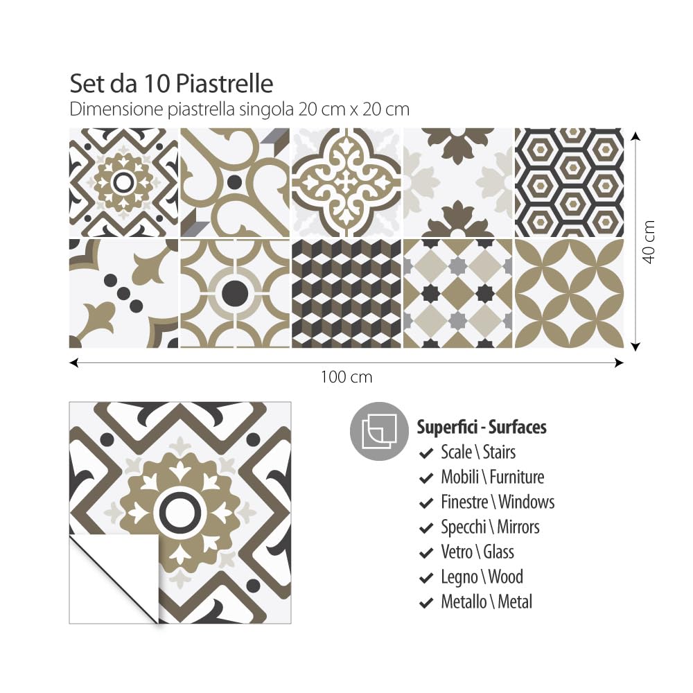 RE-COVERTILES - Adesivi per Piastrelle Bagno e Cucina 10 Pz 20x20 cm - PS00081 Decorazione murale in PVC Impermeabile mattonelle Mosaico Stile cementine Azulejos