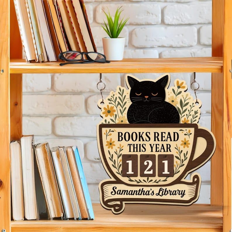 Books Read This Year Tracker with Black Cat, Personalized Bookshelf Counter with Name, Bookish Décor, Birthday Gift for Book Lover