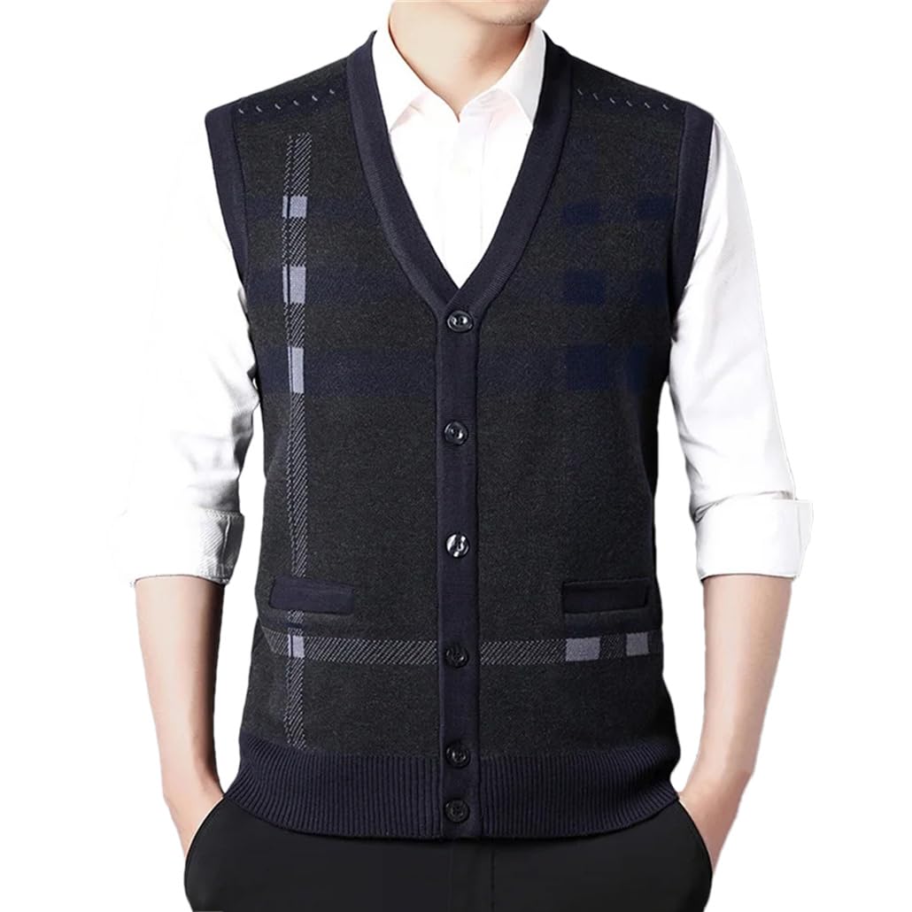 Chaleco de punto casual para hombre, delgado, sin mangas, cuello en V, cárdigan, jersey, chaleco negro gris, talla L, 60-67,5 kg, Chaleco Blackgray Hombre, L