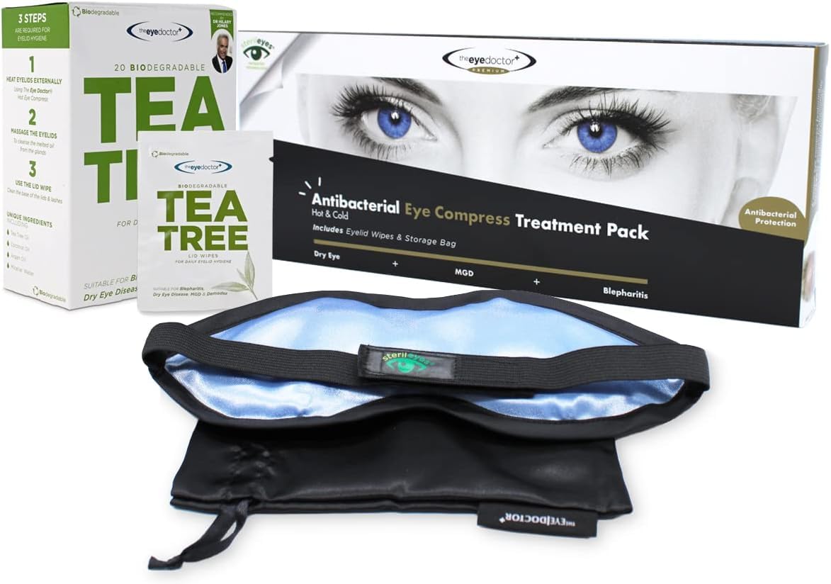 The Eye Doctor Premium Treatment Bundle - Reusable Hot Cold Eye Compress & 20x Single Use Tea Tree Eyelid Wipes for Dry Eye, Blepharitis & MGD -