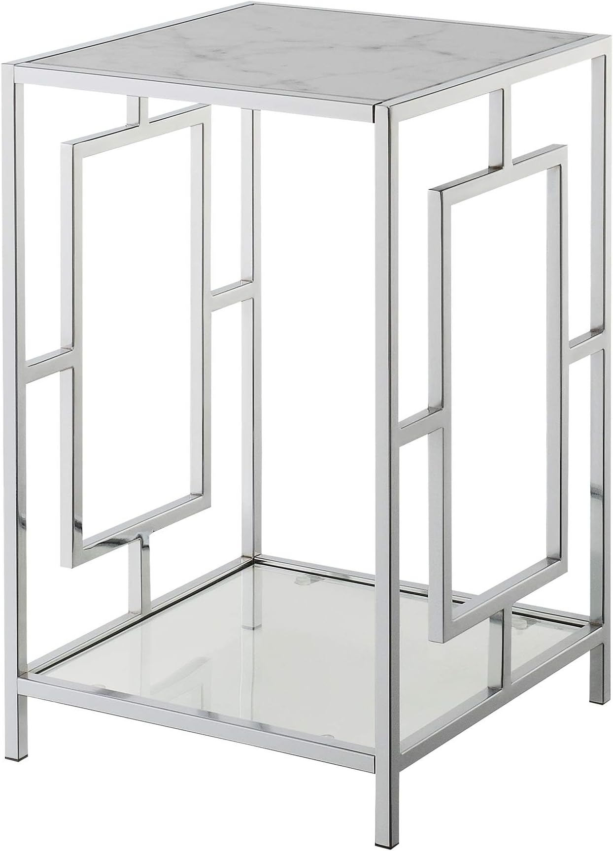Convenience Concepts Town Square Chrome End Table with Shelf, White Faux Marble/Chrome
