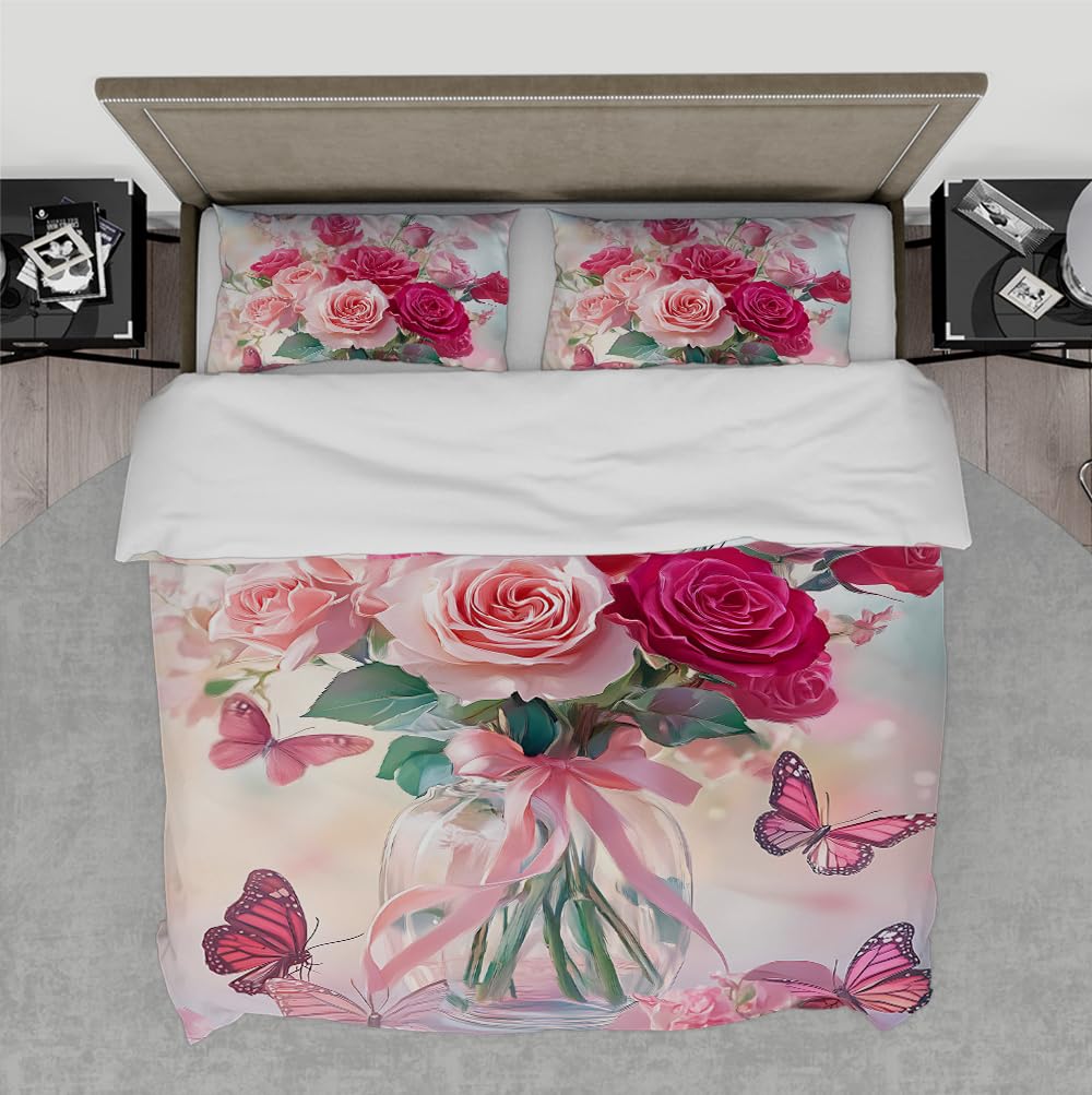 Ensemble housse de couette rose imprimé floral premium 260 x 240 cm avec coussins