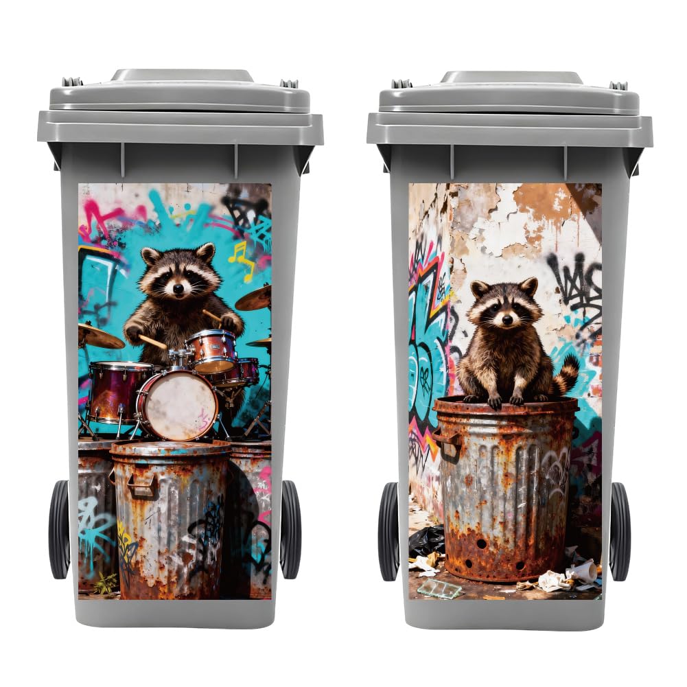 peacoblue Wheelie Bin Stickers 2 Sheets Raccoon with Trash Can and Drum Set Sticky Dustbin Stickers Decals, 15"x 32" Waterproof Large Wraps for Bins, Fridge, Wall Outdoor Indoor, Home Decoration