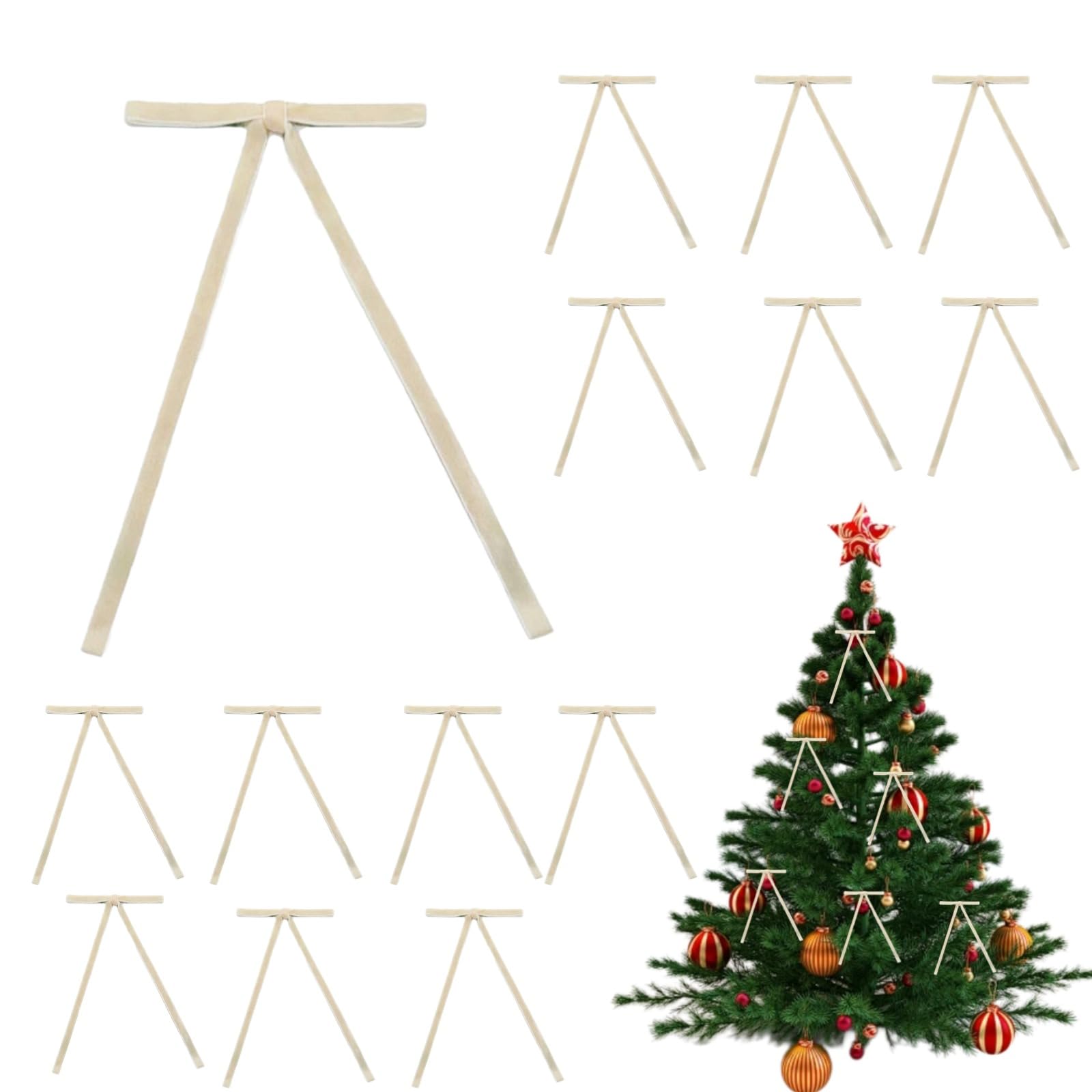 OWILIWO 24pcs Velvet Christmas Tree Bows, 5 x 7 Inch Christmas Tree Bow Rustic Crafts Gift Bows, Velvet Ribbon Bow for Xmas Wreath Garland Wedding Home Tree Indoor Outdoor Decorations (Beige)
