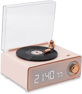 Pebble Newly Launched Disc Retro Bluetooth Speaker with Clock | Rotating Disk LP Design| 8W Sound | 1200mAh Battery | TypeC Charging | Premium Build - Pink