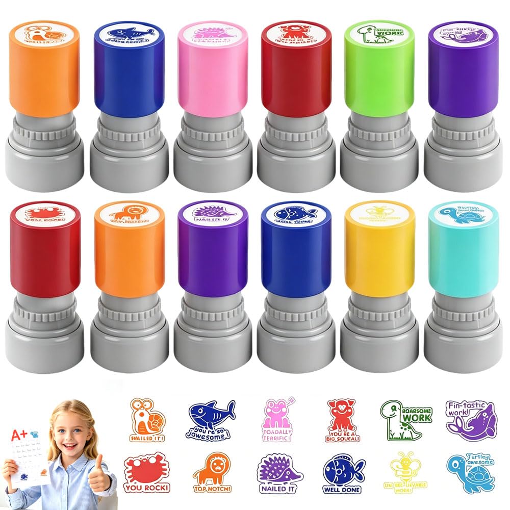 12 Pcs Sorted Teacher Stamp, Teachers Self-Inking Rubber Stamps, Fun Motivational Stamp, Self-Inking Stamp for Classroom Motivational Review Grading Stamps Teachers Students Office Supplies,Multicolor