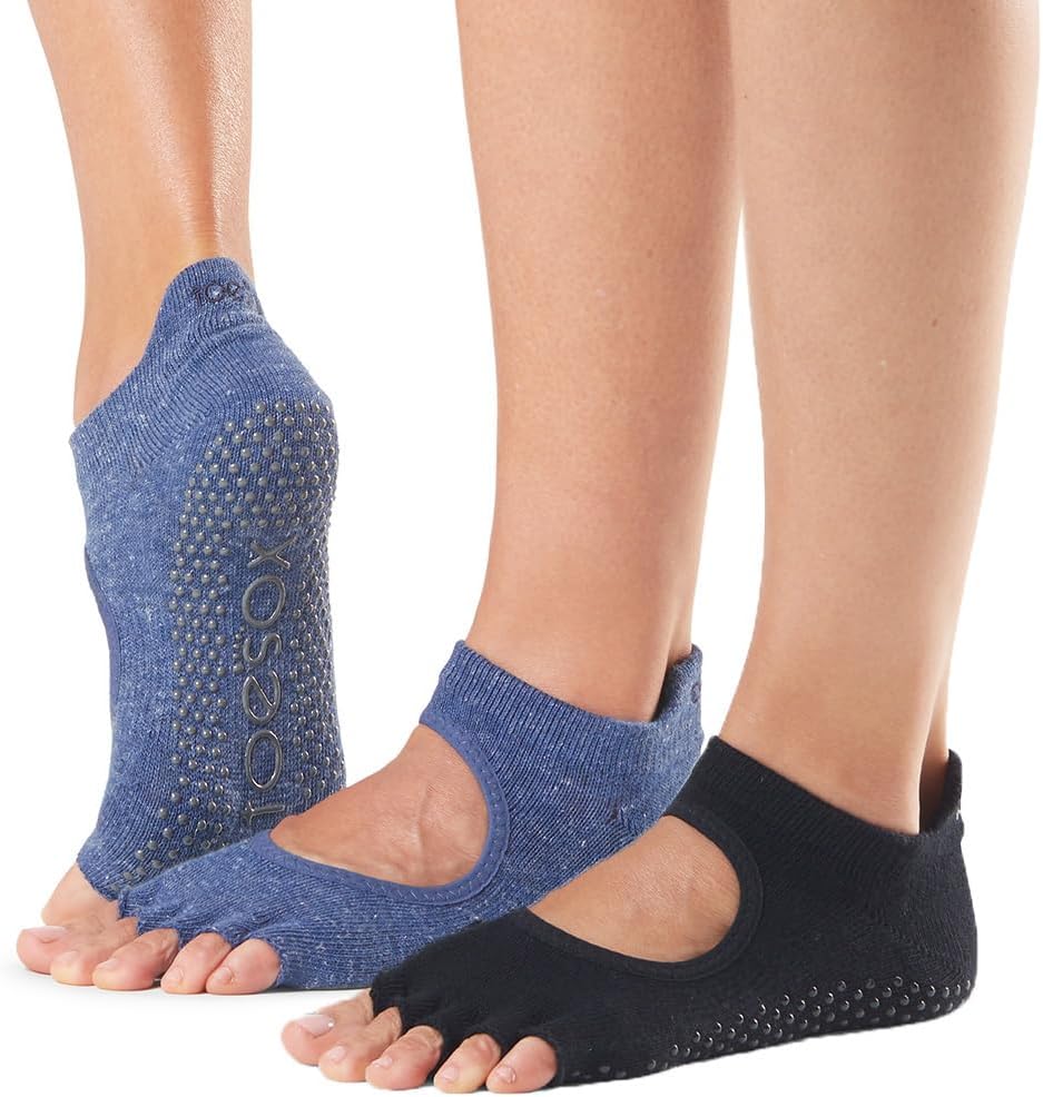 toesox Bellarina Half Toe Multi Pack - Grip Non-Slip Toe Socks for Pilates, Barre, Yoga, Ballet, Black, Charcoal, Echo