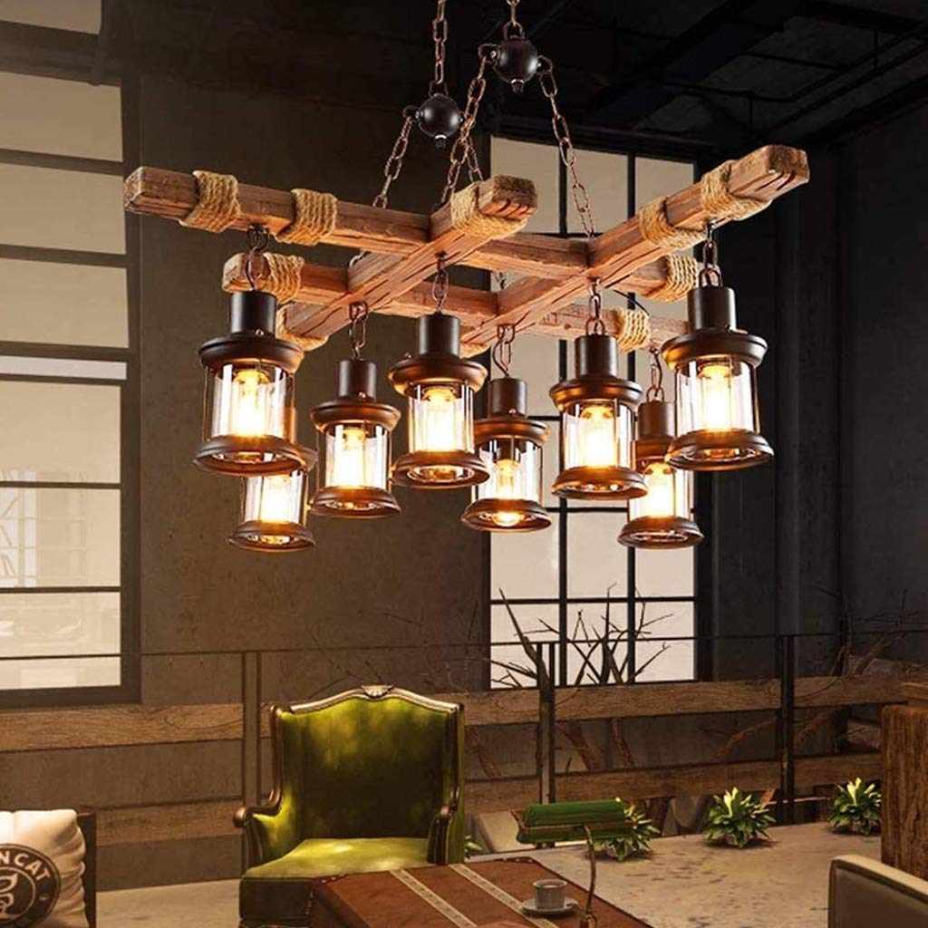 Retro Lampara Techo Plafón LED Estilo Vintage Industrial Steampunk Madera Colgantes Ligero Araña Plafones De Época 8 Luces,Bar Loft Casa Campo Sala De Lampara Vidrio Rustico Metaledison Ceiling
