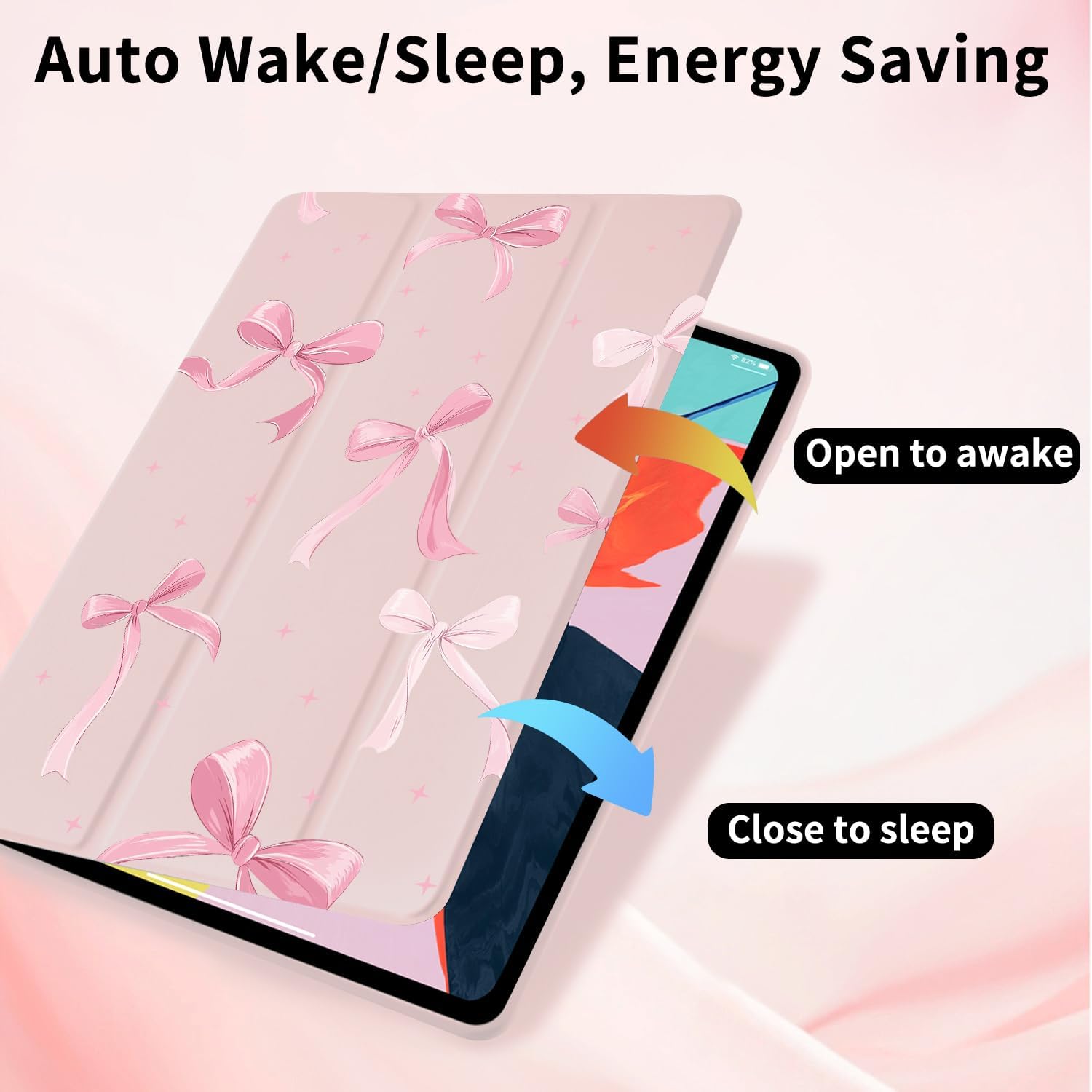 Cute Bow Ribbon Case for iPad Pro 13 Inch M4 2024/M5 2025 with Pencil Holder Trifold Stand Pink Leather Girly Cover Clear Back Shell Auto Wake/Sleep