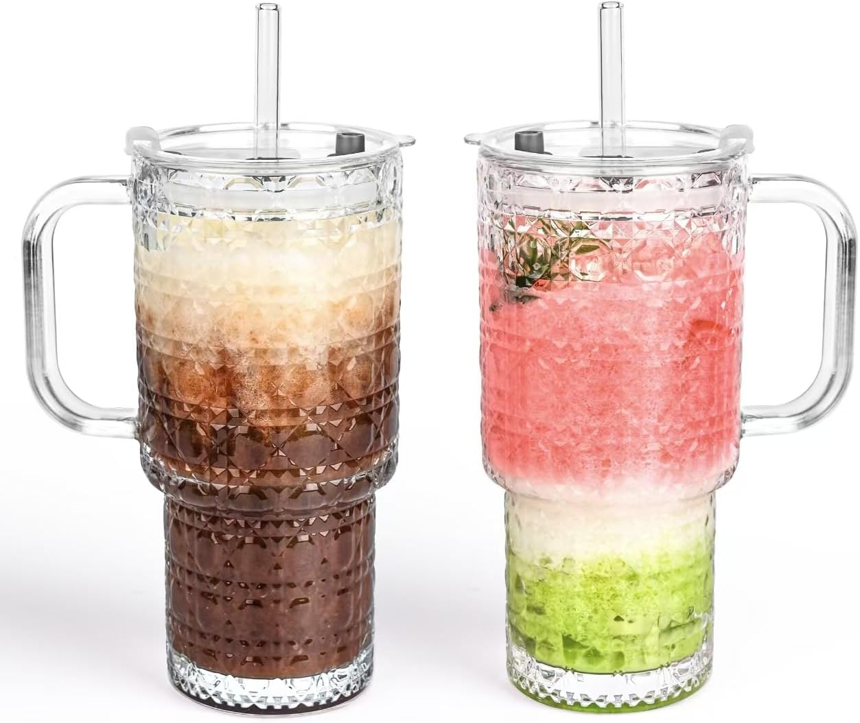 18oz Glass Tumbler with Handle & Lid – 2-Pack Iced Coffee Cups with Straws, Glass Mug for Cold & Hot Beverages Travel Cup for Smoothies, Tea, and Juice (clear-Gemstone pattern-2pack)