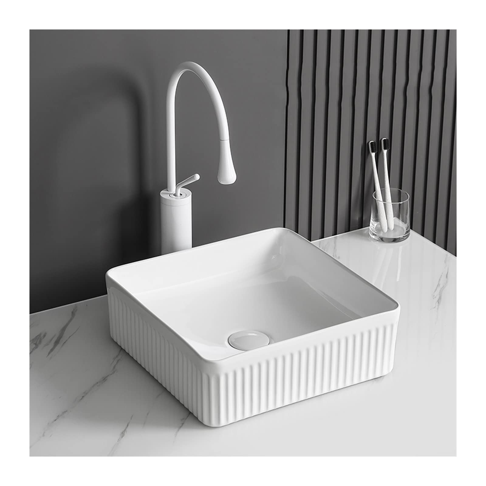 Runze765z White Faucet Set Sink Bowl Bathroom Vessel Sink 14"X14" Square, Above Counter Ceramic With Faucet, White Vanity Basin Art Basin(White Faucet Set)