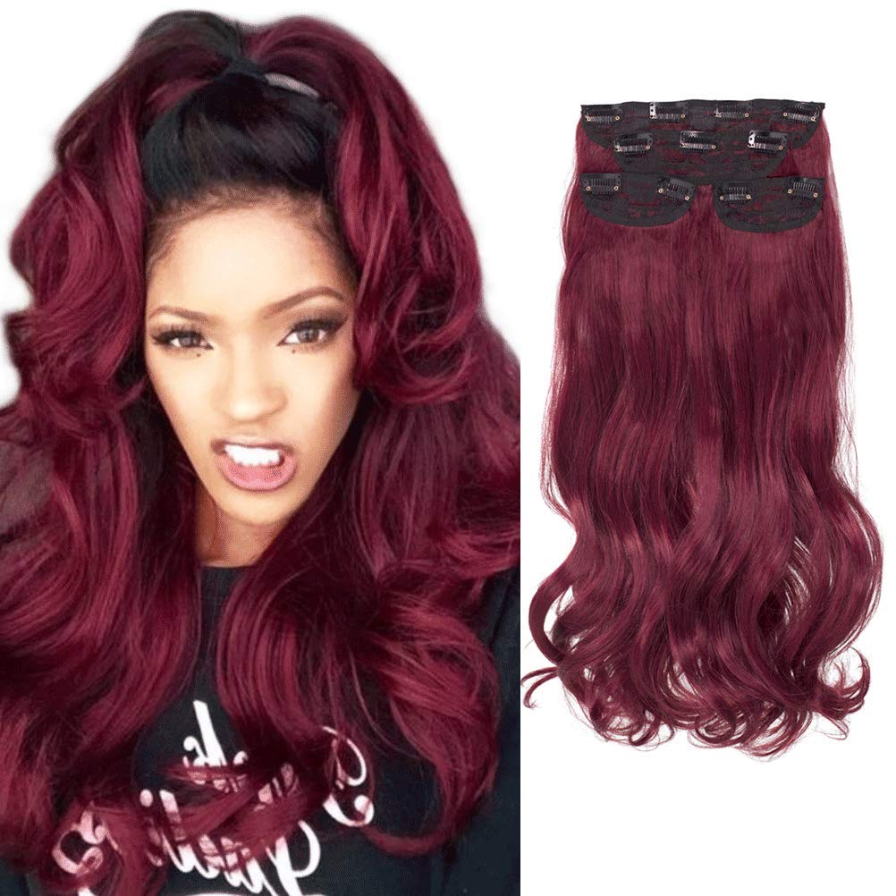 Amazon Com Docute Dark Wine Red Thick Hair Extensions Clip In For Black Women 4 Pcs 22 Inch Burgundy Full Head Curly Wavy Clip In Hair Extensions Body Wave 22 Inch Burgundy