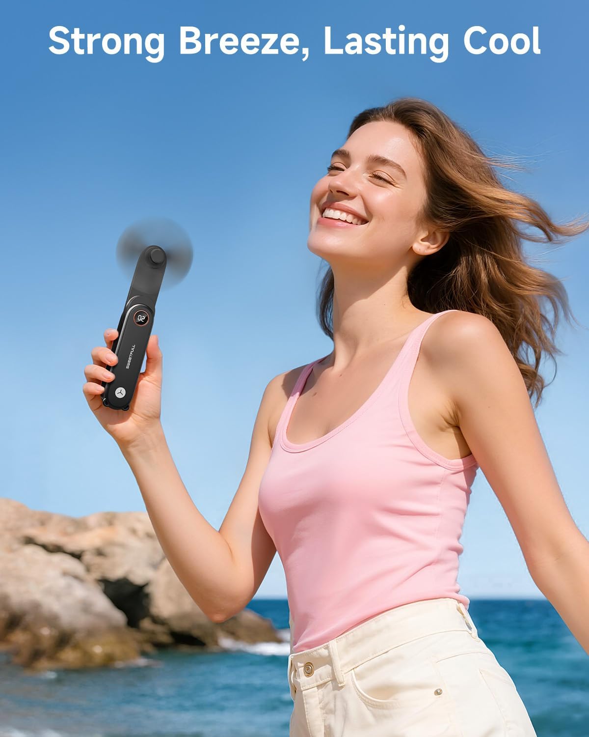 SWEETFULL Portable Handheld Mini Fan with LED Display, 3-in-1 Personal Foldable USB Rechargeable Hand Held Fan & Flashlight for Travel, Lash Eyelash, Cute Small Pocket for Women, Girls - Image 2