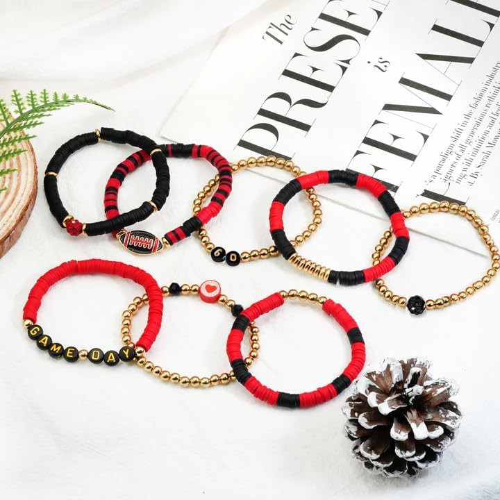 Football Bracelets for Women Game Day Bracelets for Women Beaded Sports Bracelets Clay Heishi Stackable Stretch Bracelets Set Game Day Outfits Accessories Football Bracelets Bulk Football Jewelry - Image 2
