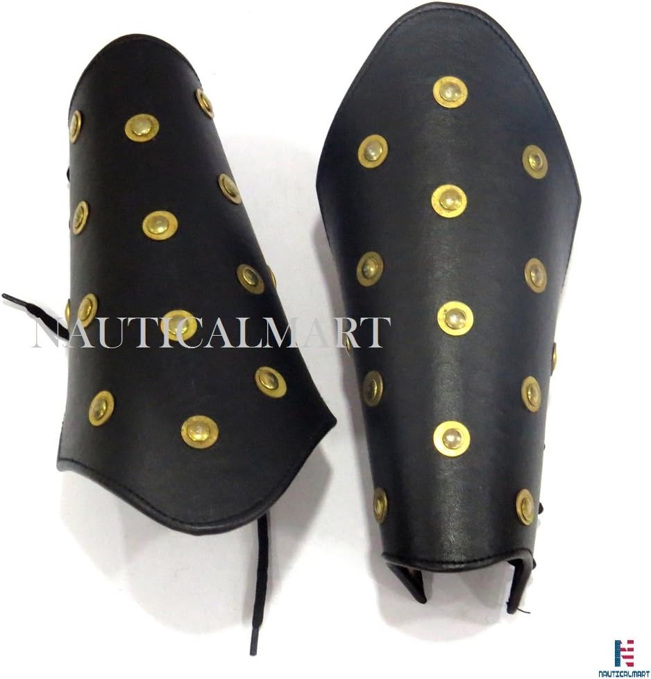 NauticalMart Black Leather Arm Bracers Studded Brass Washer Arm Guard Set