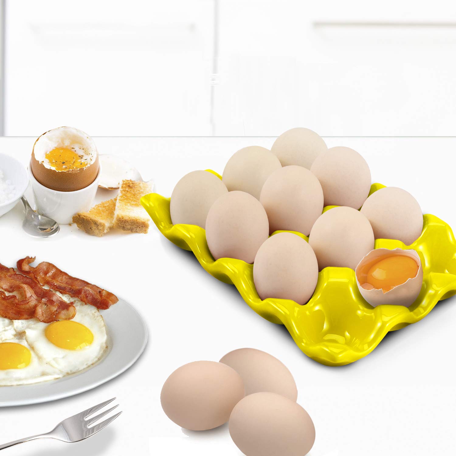 Portauova In Ceramica Per 12 Uova - Vassoio Per Frigorifero E Tavola, Design Elegante Giallo