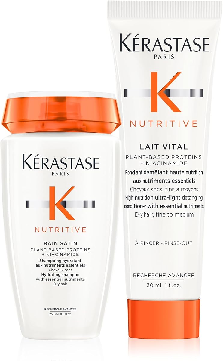 Kerastase Nutritive Bain Satin Shampoo & Lait Vital Conditioner Set For Fine to Medium Dry Hair - Gently Cleanses and Replenishes Moisture With Plant-Based Proteins & Niacinamide