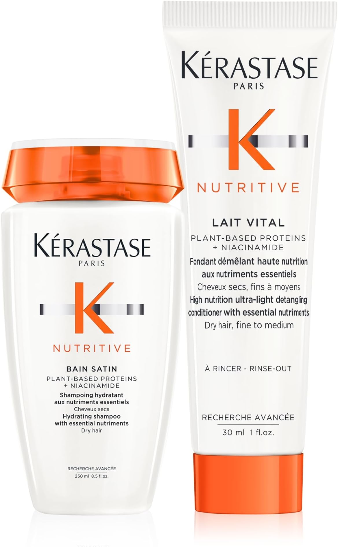 Nutritive Bain Satin Shampoo & Lait Vital Conditioner Set For Fine to Medium Dry Hair - Gently Cleanses and Replenishes Moisture With Plant-Based Proteins & Niacinamide