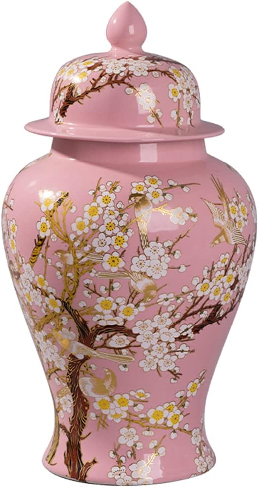 Flower Pattern Ceramic Ginger Jar with Lid - Handicraft Porcelain Temple Jar Vase, Decorative Ornament for Home, Cafe Desktop & Bedroom