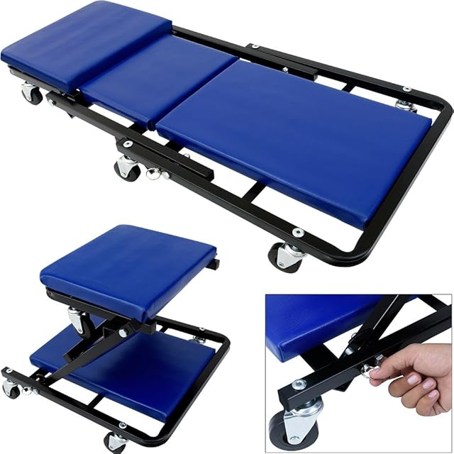 Deuba 2-in-1 Folding Car Creeper | Converts to Mechanics Workshop Stool | Padded Crawler Board with Extra Head Padding | 6 Smooth-Running 360° Swivel Wheels | Maximum Load 150kg | Blue | 36 Inch