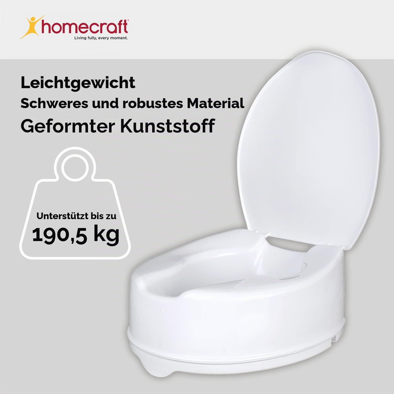 Homecraft Savanah Raised Toilet Seat 6" with Lid, Elongated & Elevated Lock Seat Support for Elderly, Handicapped and Disabled Users, White Colour