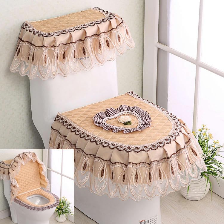 Toilet lid cover Lace Fabric Toilet Seat Cushion, Three Piece Set, Zipper Style Cover, U-Shaped Bathroom Ring(Coffee Color)