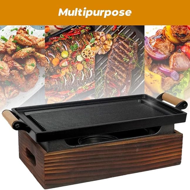 Parrilla portátil de carbón para barbacoa, estufa de mesa con base de madera, diseño compacto para cocinar en interiores y exteriores